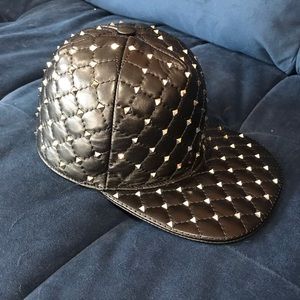 Valentino Black Quilted Leather Rockstud Hat Cap